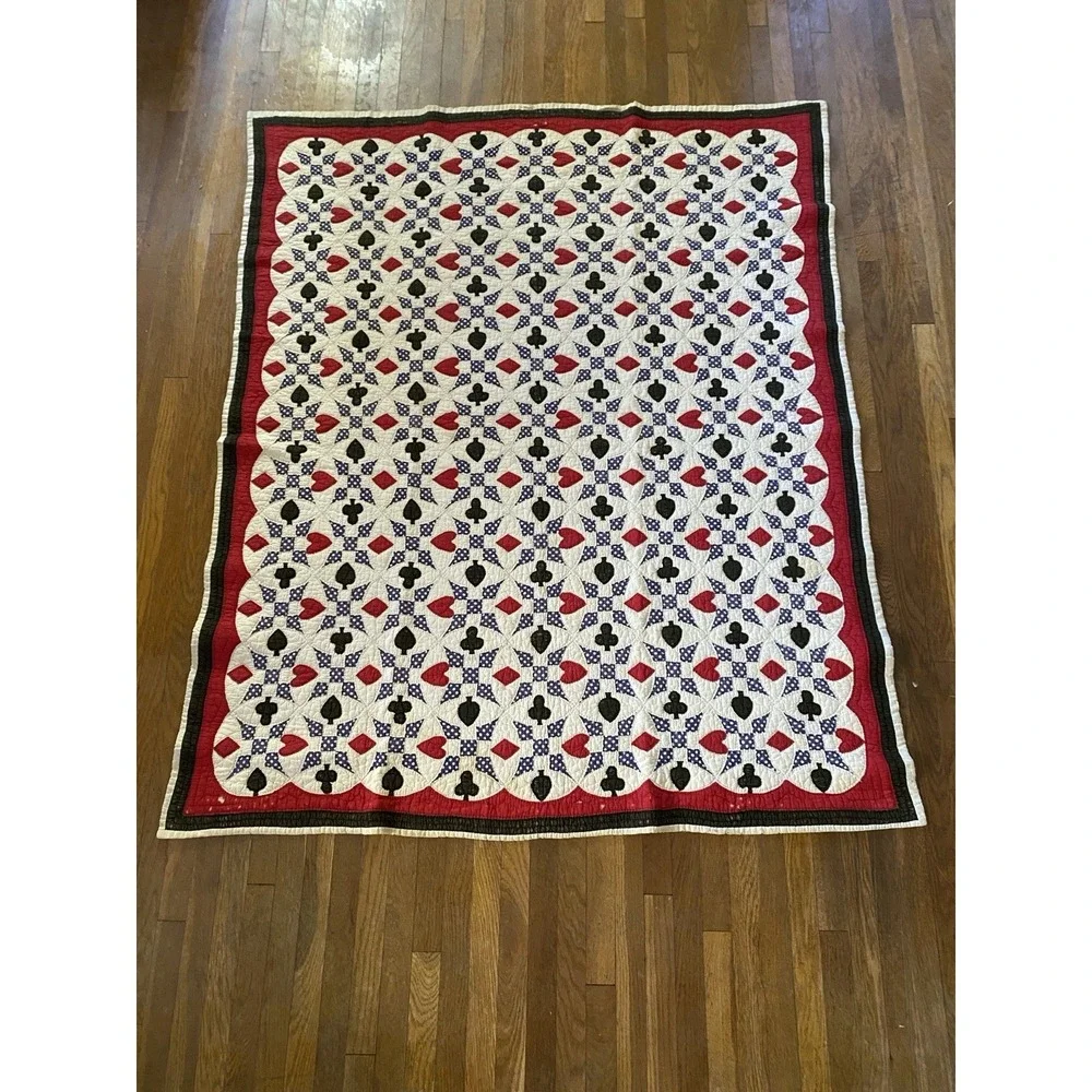 Vintage 1930s Quilt Western Texas Poker Polka Dots Folk Art Playing Cards 75x60